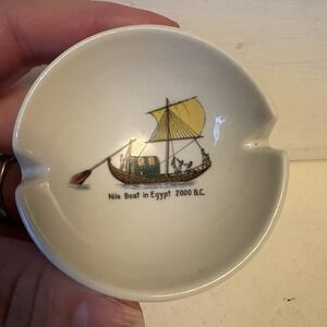 Vintage Sgrafo Modern Germany Ceramic Ashtray Matte White Nile Boat Image